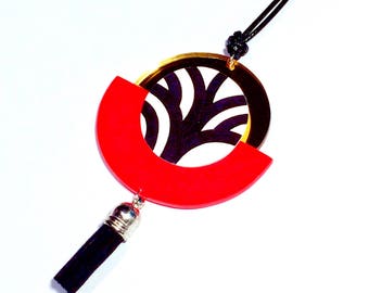 Red and Gold Half Circle Pendant Necklace, Long, Black and White Geometric Pattern Jewellery