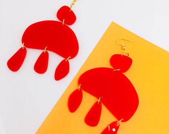 Red Oval Dangle Earrings, Gold Stud Abstract, River Stone Design by Enna