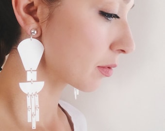 Statement Jellyfish Earrings, Long Dangle White Stud Earrings, Clip-on Earrings, Geometric Earrings