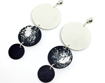 Circle Tiered Drop Statement Earrings, Black and White Long Wooden Earrings by ENNA Jewellery