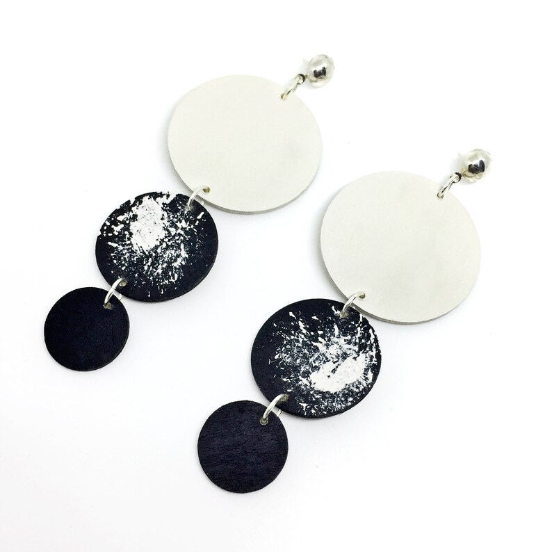 Circle Tiered Drop Statement Earrings, Black and White Long Wooden Earrings by ENNA Jewellery image 1