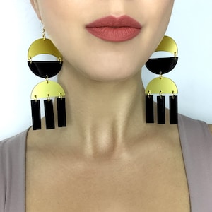 Chandelier Oversized Acrylic Earrings, Gold and Black Dangle Geometric Earrings image 1