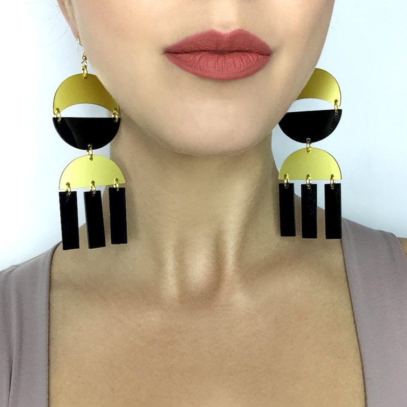 Chandelier Oversized Acrylic Earrings Gold and Black Dangle Etsy