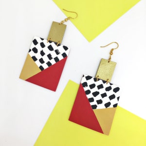 Boucles doreilles Square Drop Statement, Dangle Red, Or, Stud peint à la main, Pop Art image 1