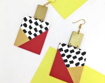 Square Drop Statement Earrings, Dangle Red, Gold, Hand painted Stud, Pop Art