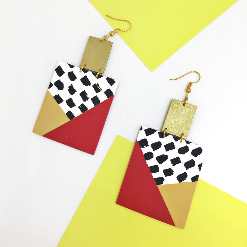Square Drop Statement Earrings, Dangle Red, Gold, Hand painted Stud, Pop Art image 1