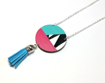 Long Chain Necklace, Blue Tassel Necklace, Leather Tassel, Boho Tassel Jewellery by ENNA