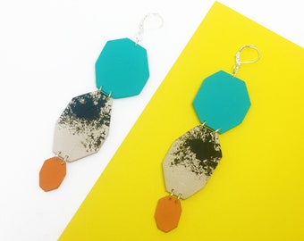 Tiered Geometric Statement Earrings, Turquoise Dangle Trio Link Earrings by ENNA