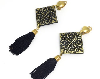 Statement Tassel Clip On Earrings, Engraved Clay Drop Statement Earrings by ENNA Jewellery