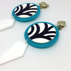 Big Statement Clip On Earrings, Turquoise Disc Hand-Painted Earring, Long Dangle Earrings by ENNA Jewellery image 3