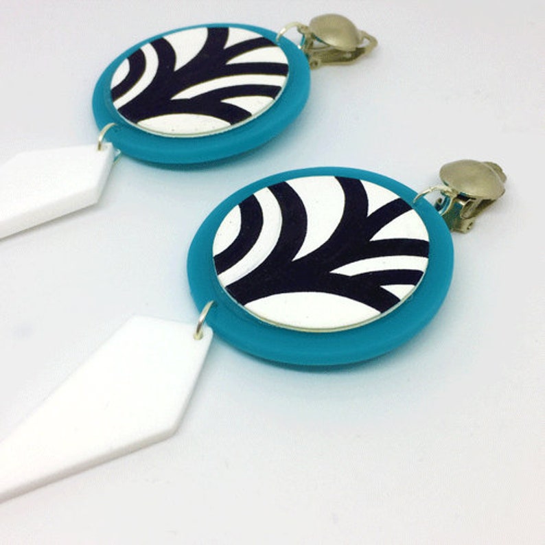 Big Statement Clip On Earrings, Turquoise Disc Hand-Painted Earring, Long Dangle Earrings by ENNA Jewellery image 3