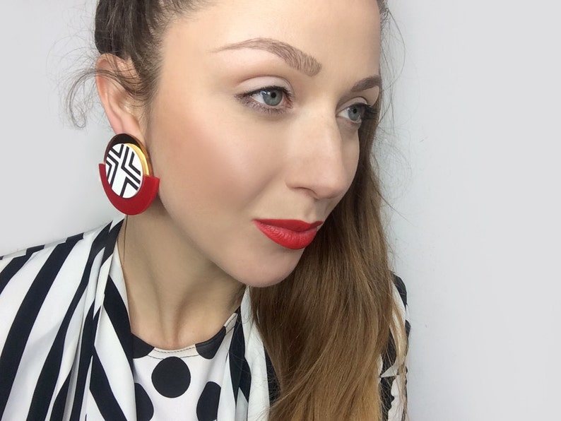 Red and Gold Round Earrings, Black and White Geometric Clip-on Earrings by ENNA image 1