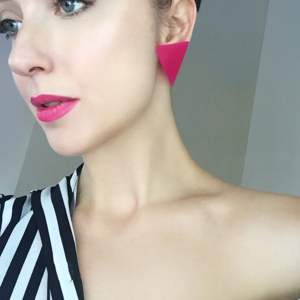 Triangle Earrings Hot Pink, Clip-on Earrings, Stud Statement Earrings, Geometric Jewellery by ENNA Jewellery