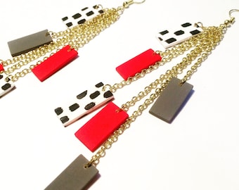 Multi Strand Red Cluster Earrings, Hand-painted Long Drop Geometric, Gold Chain Jewellery by ENNA
