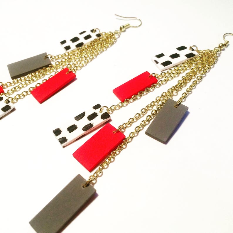 Multi Strand Red Cluster Earrings, Hand-painted Long Drop Geometric, Gold Chain Jewellery by ENNA image 1