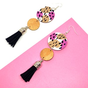 Circle Pattern Drop Statement Tassel Earrings, Long Wooden Earrings by ENNA Jewellery image 1