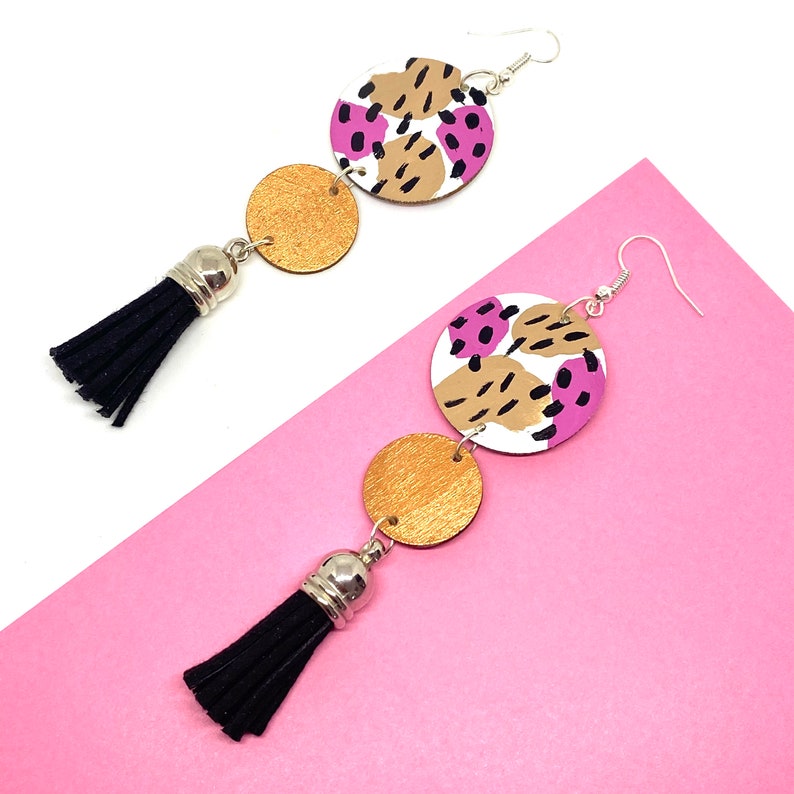 Circle Pattern Drop Statement Tassel Earrings, Long Wooden Earrings by ENNA Jewellery image 1