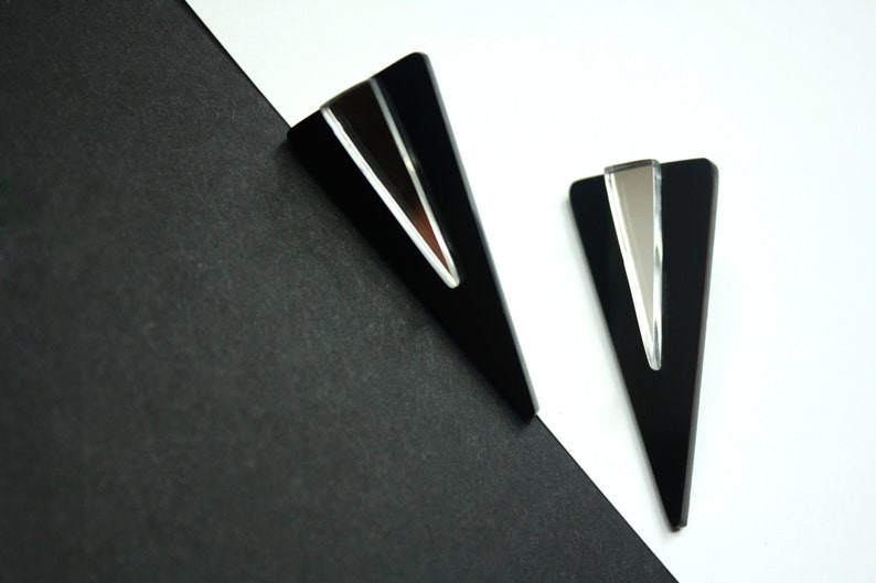 Geometric Triangle Earrings, Black Acrylic Stud Earrings, Black & Mirror by ENNA image 2