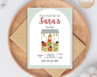 May include: A green and white invitation card with a cartoon illustration of a woman selling produce at a farm stand. The text on the card reads "Farm fresh fun for Sara's big day!" with details for a party on September 13th, including the time, address, and RSVP information.
