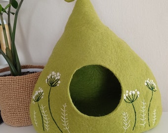 Jaskinia dla kota, meble dla kotów, zielona jaskinia dla kota, spersonalizowana jaskinia dla kota, legowisko dla kota, legowisko dla zwierząt, jaskinia dla małego psa, domek dla kota, wełniana jaskinia dla kota z kwiatami