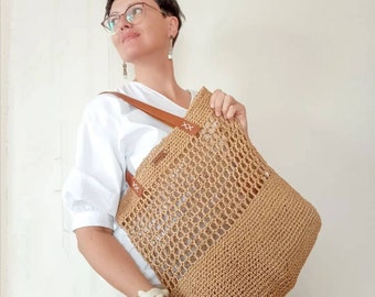 Raffia Net Bag in Tan, Crochet Raffia Tote, Summer Tote Bag, Straw Mesh Bag, Handcrafted Tote, Net Shoulder Bag — The Raffia Net Bag