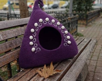 Grotte pour chat, tipi pour chat, lit pour chat, grotte pour chat en feutre, grotte pour animaux de compagnie en feutre, cacoon pour chat, grotte pour chat en laine, lit pour animal de compagnie, petite grotte pour chien, maison, violet