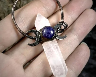 MOON goddess necklace, clear quartz Crystal & amethyst  in copper, healing