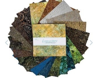 May include: A collection of 18 fabric squares in various shades of green, brown, and blue. The fabric squares are arranged in a circle and feature a batik design. The fabric squares are labeled "Expressions" and "Artfully Dyed Batik Designs".