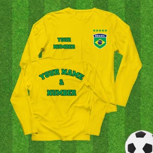 Customized Brazil Soccer Jersey, Personalized Shirt with Player Name and Number on Back, Custom Brazil Soccer Shield Long Sleeve Shirt