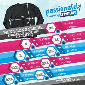 May include: A size chart for men's long sleeve shirts, with measurements in inches and centimeters. The chart shows sizes from XS to 5XL, with corresponding width and height measurements for each size.
