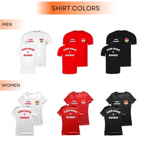 Puede incluir: Colecci&oacute;n de camisetas blancas, rojas y negras, dispuestas para hombres y mujeres. Cada camiseta presenta un peque&ntilde;o emblema y el texto "YOUR NUMBER" y "YOUR NAME & NUMBER".