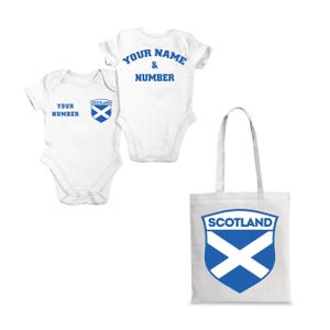 Custom Scotland Soccer Baby Gift, Personalized Scotland Football Baby Bodysuit, Football Tote Bag, Infant Toddler Scottish Flag Jersey