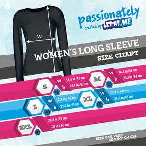 May include: Black long-sleeve shirt with a size chart. The chart shows measurements for sizes S, M, L, XL, and 2XL. The width measurements range from 16.5 inches to 20.5 inches, and the height measurements range from 24.4 inches to 26 inches.