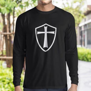Knights Templar Shield Men&#39;s Shirt, Long Sleeve Crew Neck T-Shirt With Templar Knights Cross, Knights Crusader T-Shirt, Templar Cross Tee