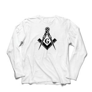 May include: White long-sleeve t-shirt with a black and white image of a compass and square with a "G" in the center.