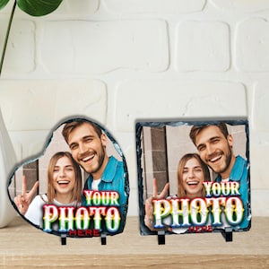 Custom Photo Slate Gift, Personalized Slate Photo Heart or Square Frame for Anniversary, Wedding, Christmas & Birthdays, Rustic Photo Stone