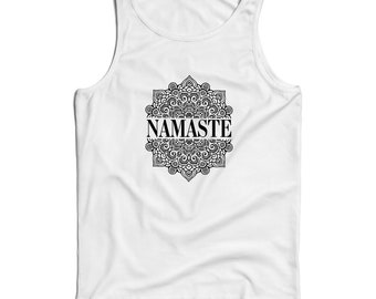 May include: White tank top with a black mandala design and the word "Namaste" printed in the center.