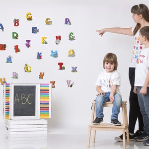 Kids Wall Decal Alphabet Cartoon Letters for Childrens' Room, Back to School Wallpaper Stickers, A to Z Cartoon Letters,ABC's