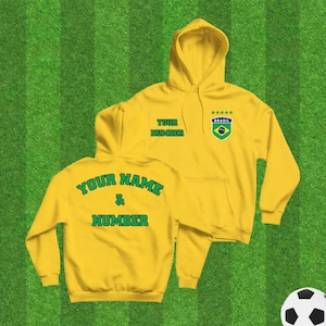 Personalized Brazil Soccer Hoodie, Custom Sweatshirt with Player Name and Number on Front and Back, Brazilian Football Shield Sweatshirt