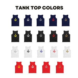 Puede incluir: Una colecci&oacute;n de camisetas sin mangas en varios colores, con un s&iacute;mbolo mas&oacute;nico en el centro. Los colores incluyen negro, blanco, rojo, azul y amarillo.