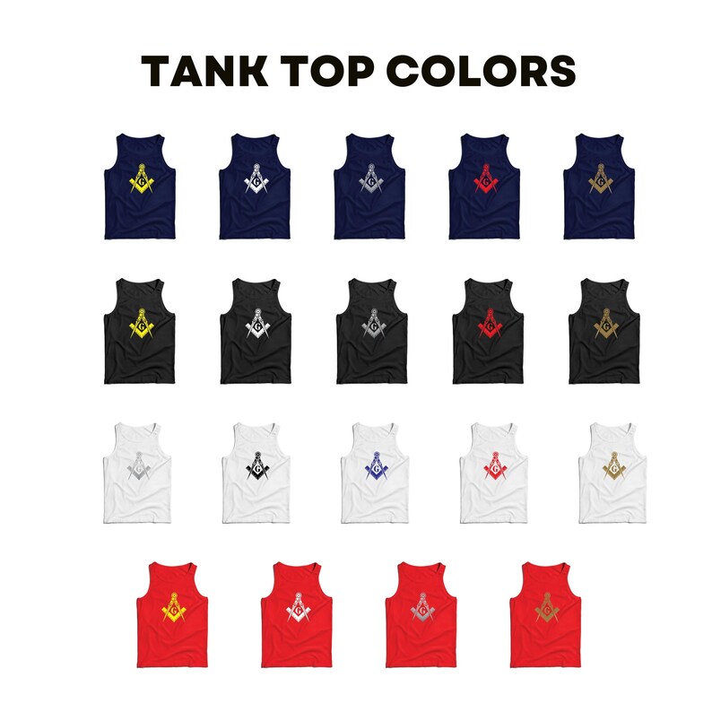 Puede incluir: Una colecci&oacute;n de camisetas sin mangas en varios colores, con un s&iacute;mbolo mas&oacute;nico en el centro. Los colores incluyen negro, blanco, rojo, azul y amarillo.