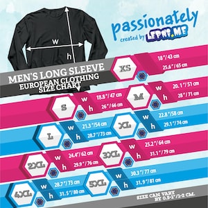 May include: Black long-sleeve shirt with a European clothing size chart. The chart displays measurements for sizes XS to 5XL, with width and height in inches and centimeters. The text "passionately" and "created by LEPNOME" are also visible.