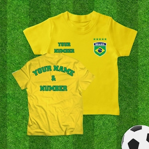 Personalized Brazil Soccer Kids T-shirt with Custom Name and Number, Baby, Toddler, Youth Brazilian Flag T-Shirt, Brazil Football Tee