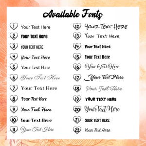 May include: A graphic showcasing 22 font styles, each labeled with a number inside a heart shape. The text "Available Fonts" is at the top. Each font displays the words "Your Text Here" in various styles, ranging from bold to cursive.