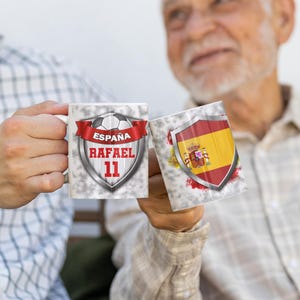 Personalized Spain Football Mug With Your Name and Number, Custom Spanish Team Mug With Spanish Flag and Shield, Football Emblem Cup Gift