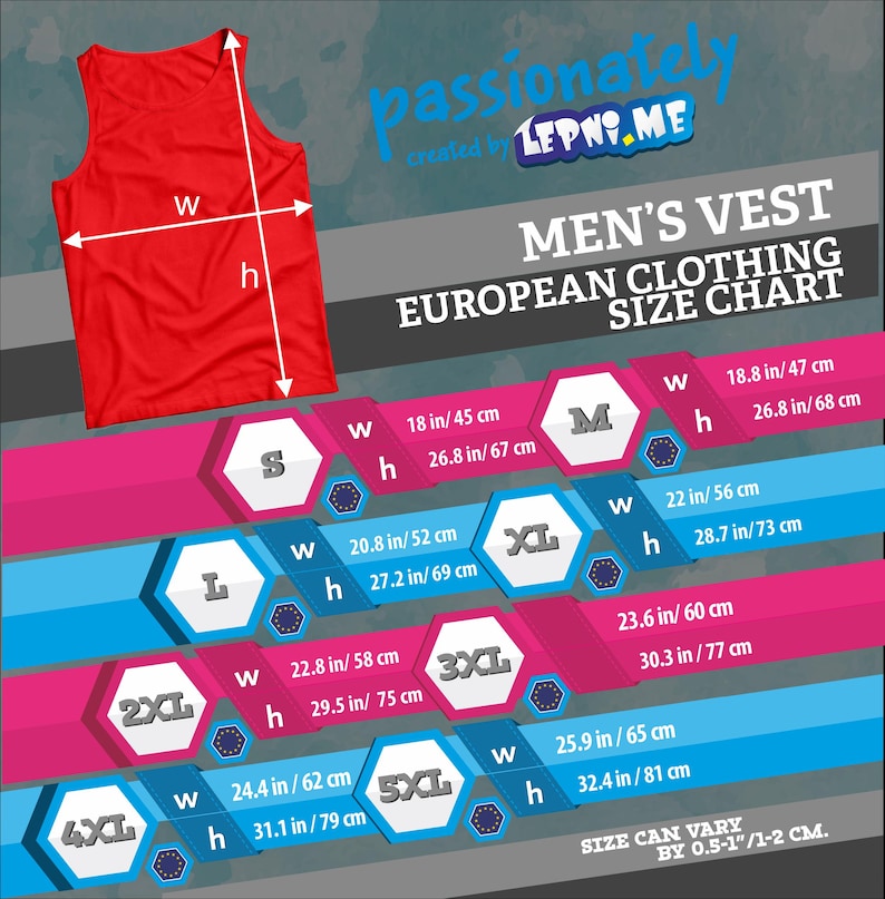 Puede incluir: Una tabla de tallas para chalecos para hombres, que muestra las medidas de ancho y alto en pulgadas y cent&iacute;metros para las tallas S, M, L, XL, 2XL, 3XL, 4XL y 5XL. La tabla est&aacute; sobre un fondo azul y rosa con un chaleco rojo en la esquina superior izquierda.