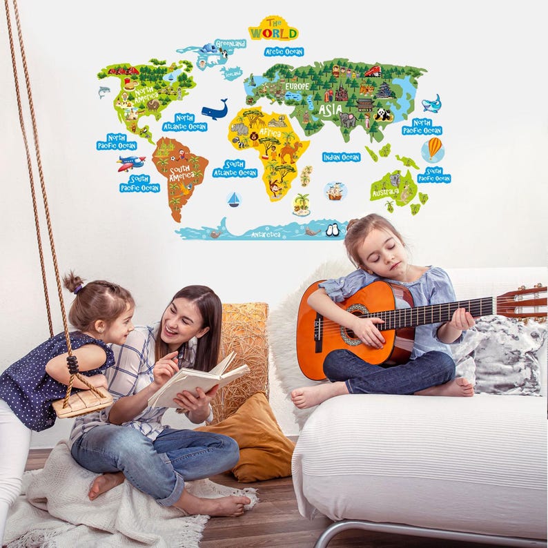 World Map Kids Wall Decal, Continents & Animals Vinyl Sticker - Etsy UK