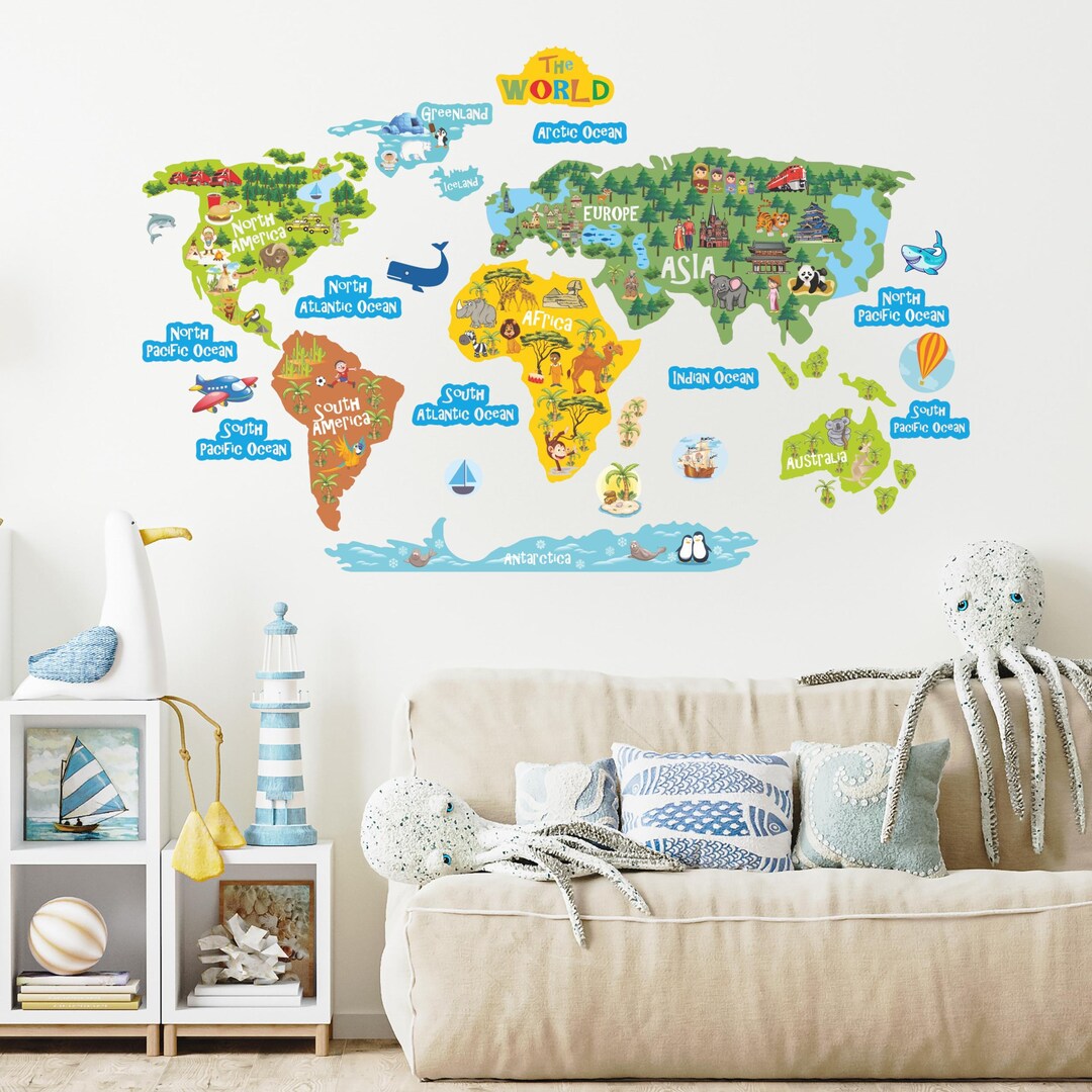 World Map Kids Wall Decal, Continents & Animals Vinyl Sticker - Etsy
