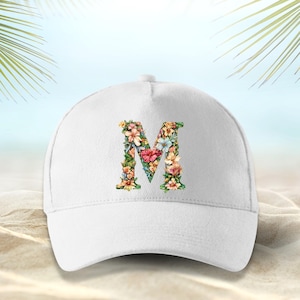 Flowers Monogram Hat, Custom Initial Printed Cap, Birthday Gift for Best Friend, Bridesmaid Bachelorette Party Caps, Floral Hat For Women