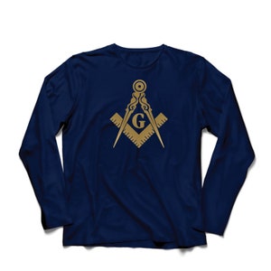 May include: A navy blue long-sleeved t-shirt with a gold Masonic symbol, a compass and square with a 'G' in the center.